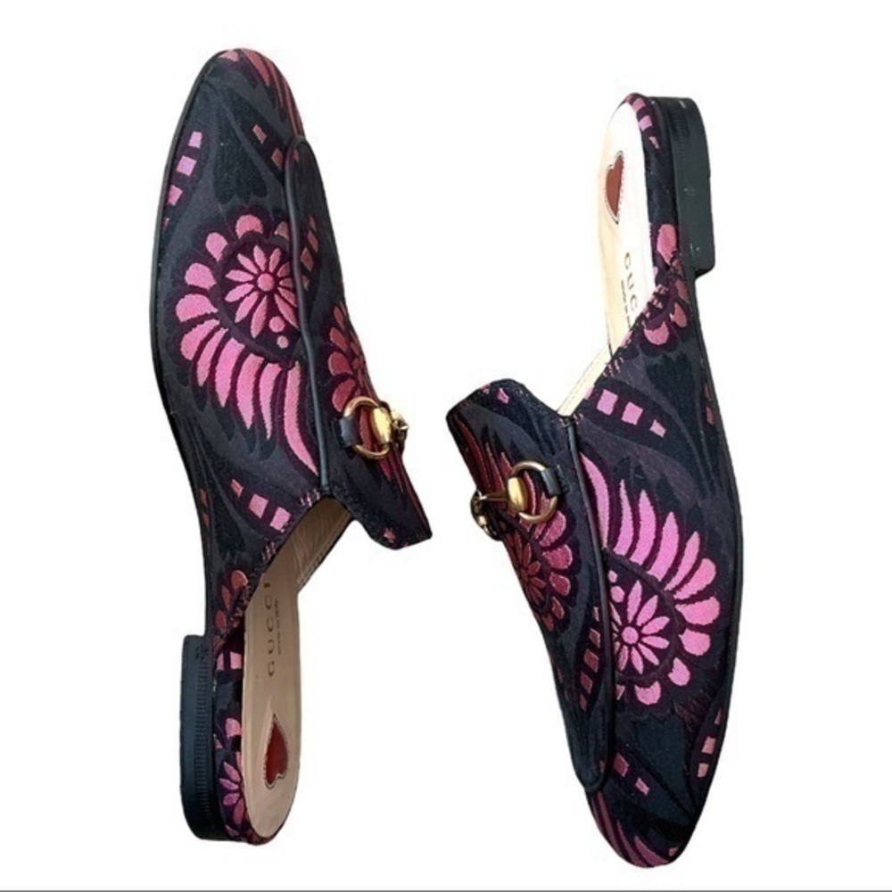 GUCCI Princetown Pink and Black Printed Fabric Mules Size 36 - Picture 5 of 8